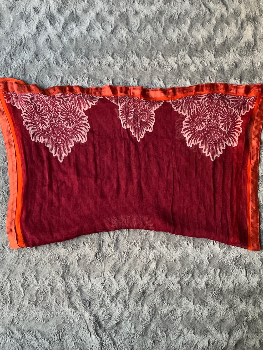 Red Embroidered Border long Scarf / Dupatha with Orange Trim